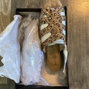 Joan Boyce Tan  Beaded Sandals